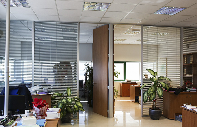 Mampara de oficina con puerta wengué y modulo vidrios dobles